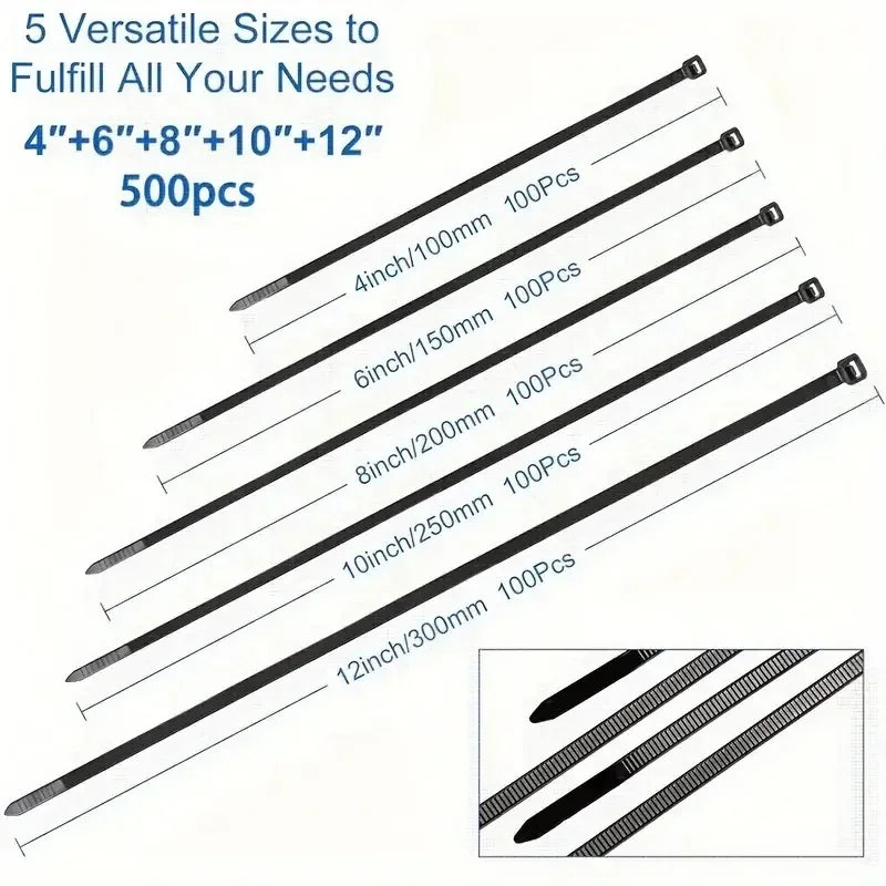 500pcs Black Heavy-duty Nylon Cable Ties - Versatile Sizes for All Your Needs: 4", 6", 8", 10", 12" - High Tensile Strength Tuck's Performance