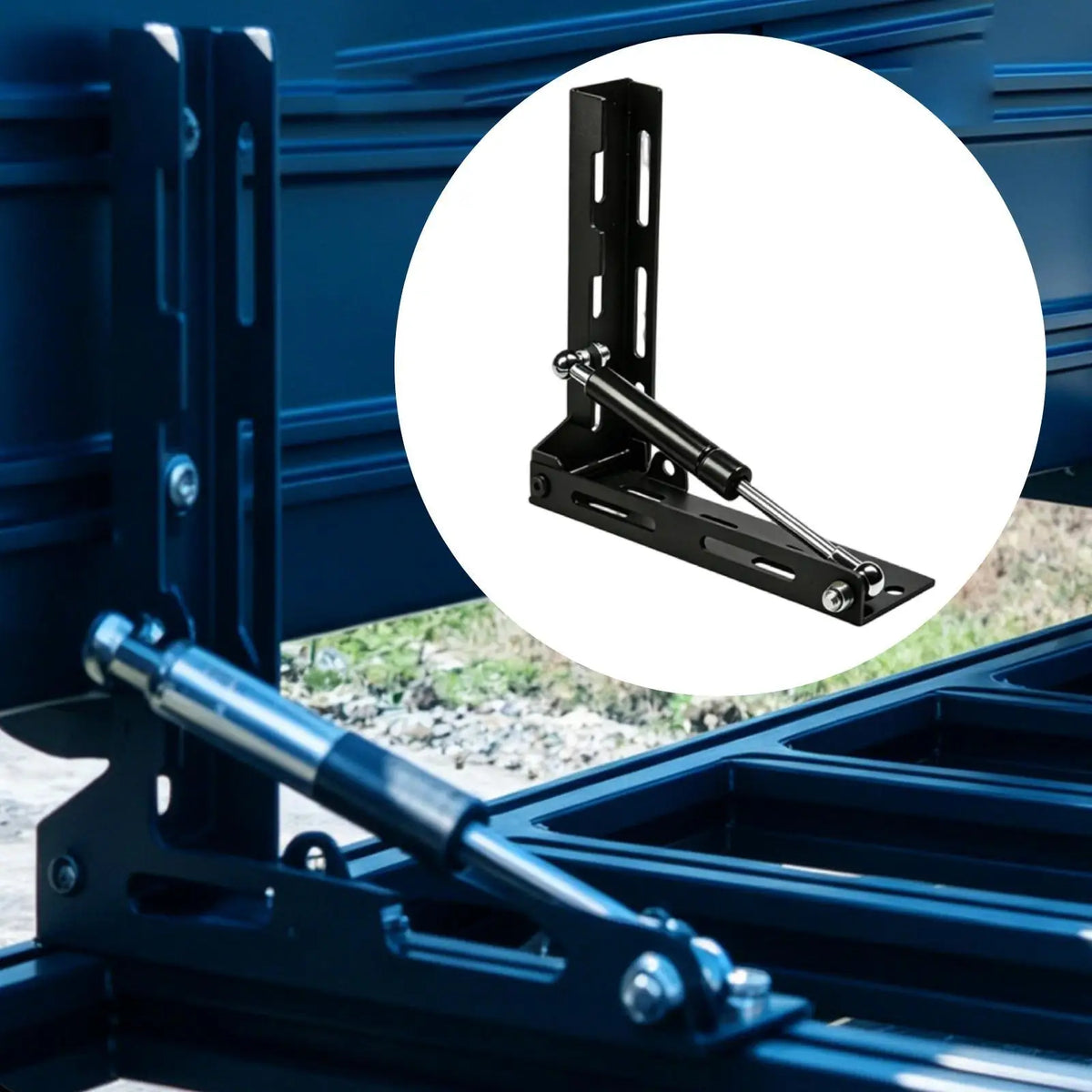 Folding awning bracket with gas strut mounted on a roof rack