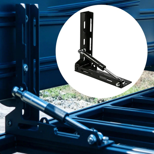 Folding awning bracket with gas strut mounted on a roof rack