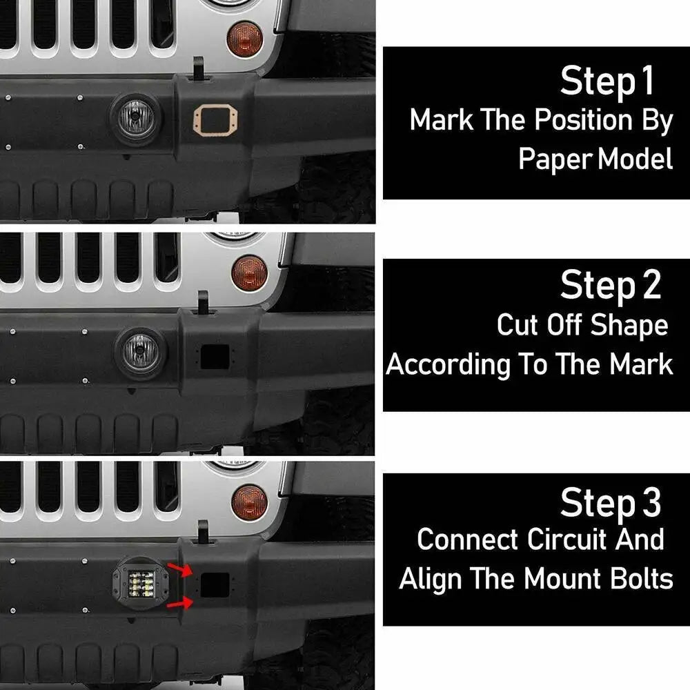Flush mount LED pod installation steps in a Jeep Wrangler bumper