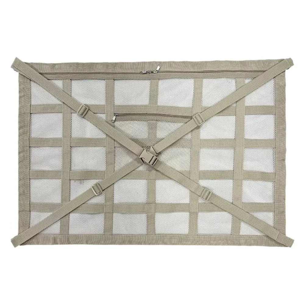 Overhead ceiling cargo net laid flat showing mesh and straps