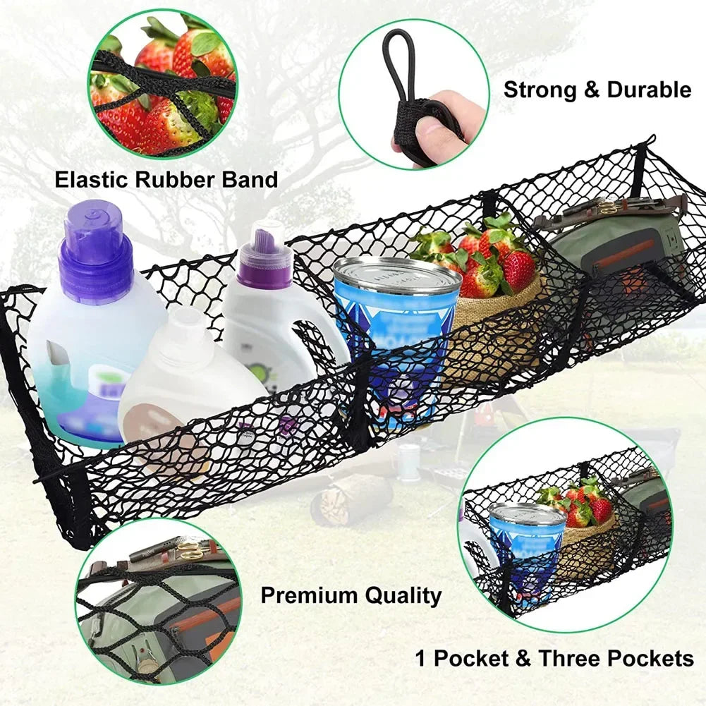 Stretch cargo net pockets holding bottles and food