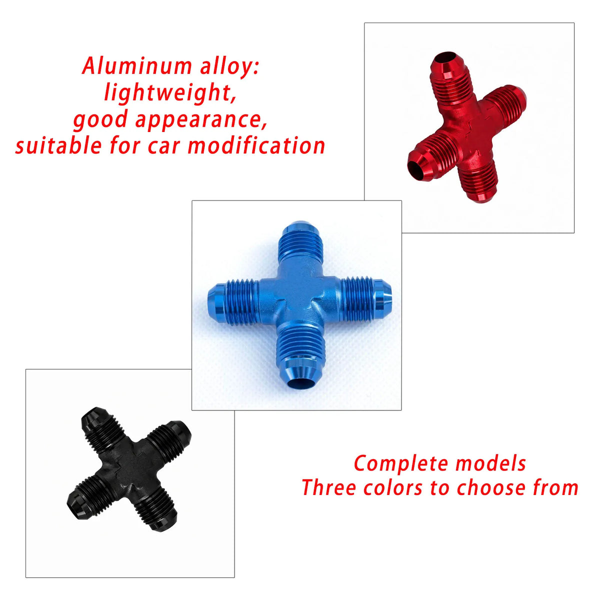 AN3/AN4/AN6/AN8/AN10/AN12/AN16 Aluminum Four-Way Cross Torch Adapter Fuel Line Hose AN Connector Red, Blue, Black Tuck's Performance