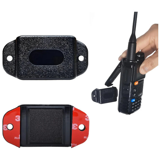 Handheld two-way radio holder bracket with radio clipped in