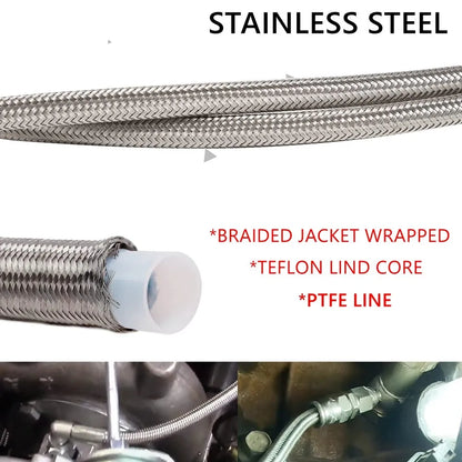 Universal 12' 24' 36' 48'60' AN4 90 Degree X Straight PTFE Turbine Oil Feed Pipe Turbo Oil Feed Line Kit Stainless Steel Braided Tuck's Performance