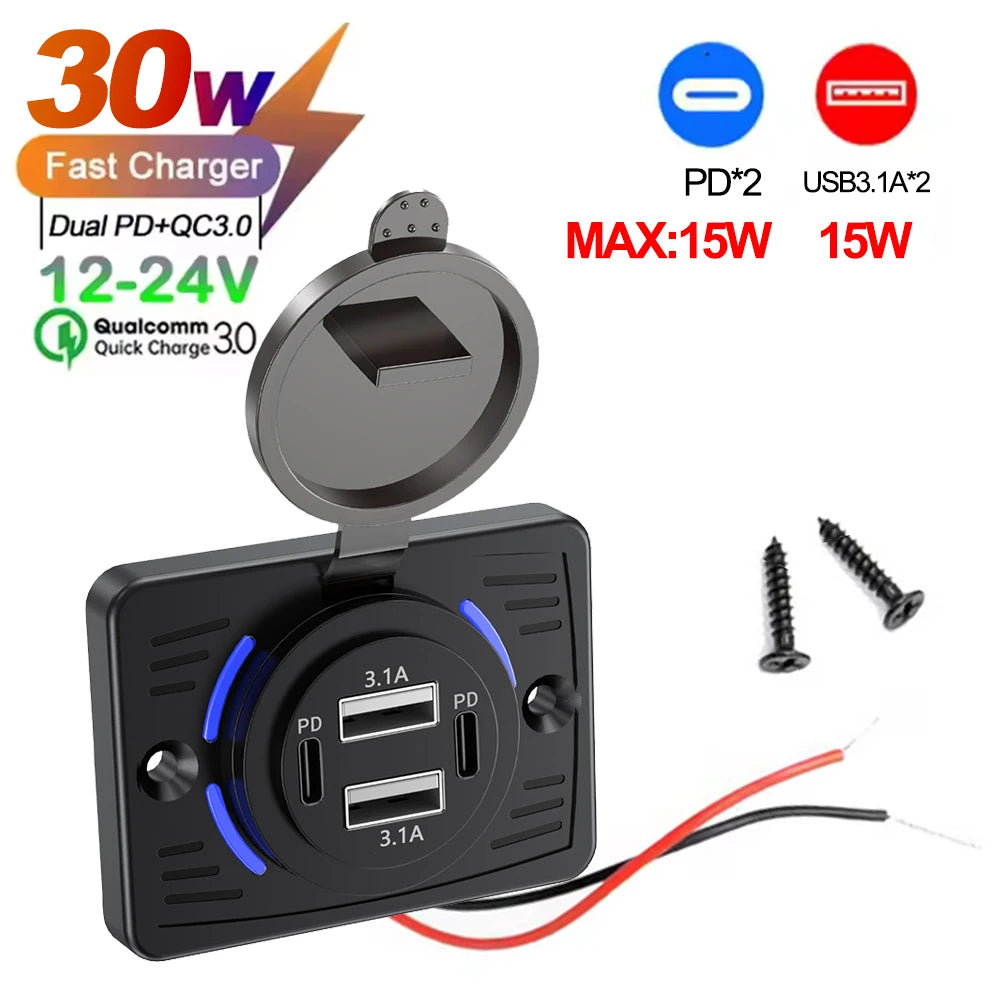 Wall Mount Charger Adapter, 2-4 Ports USB Outlet, QC 22.5W PD 30W Type-C Quick Charge, QC3.0 Panel, Bus, ATV, Truck Tuck's Performance