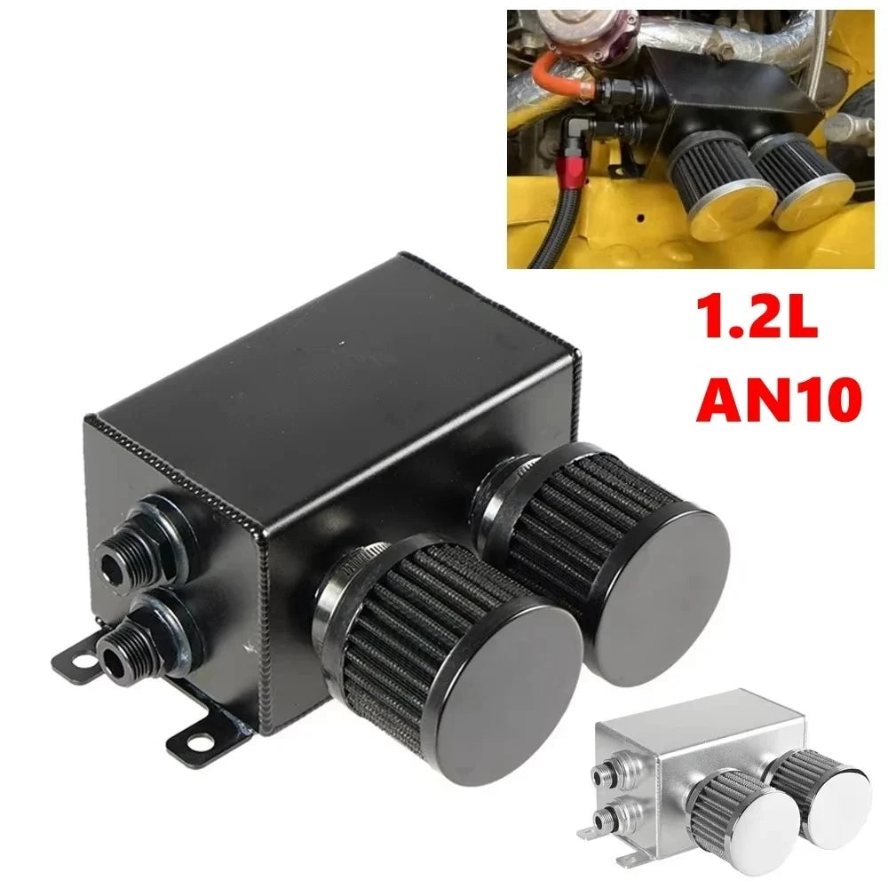 Universal AN10 1.2L Twin Baffle Dual Filter Engine Oil Catch Can Tank with Air Filters Oil Catch Reservoir Tank Can Breather Kit Tuck's Performance