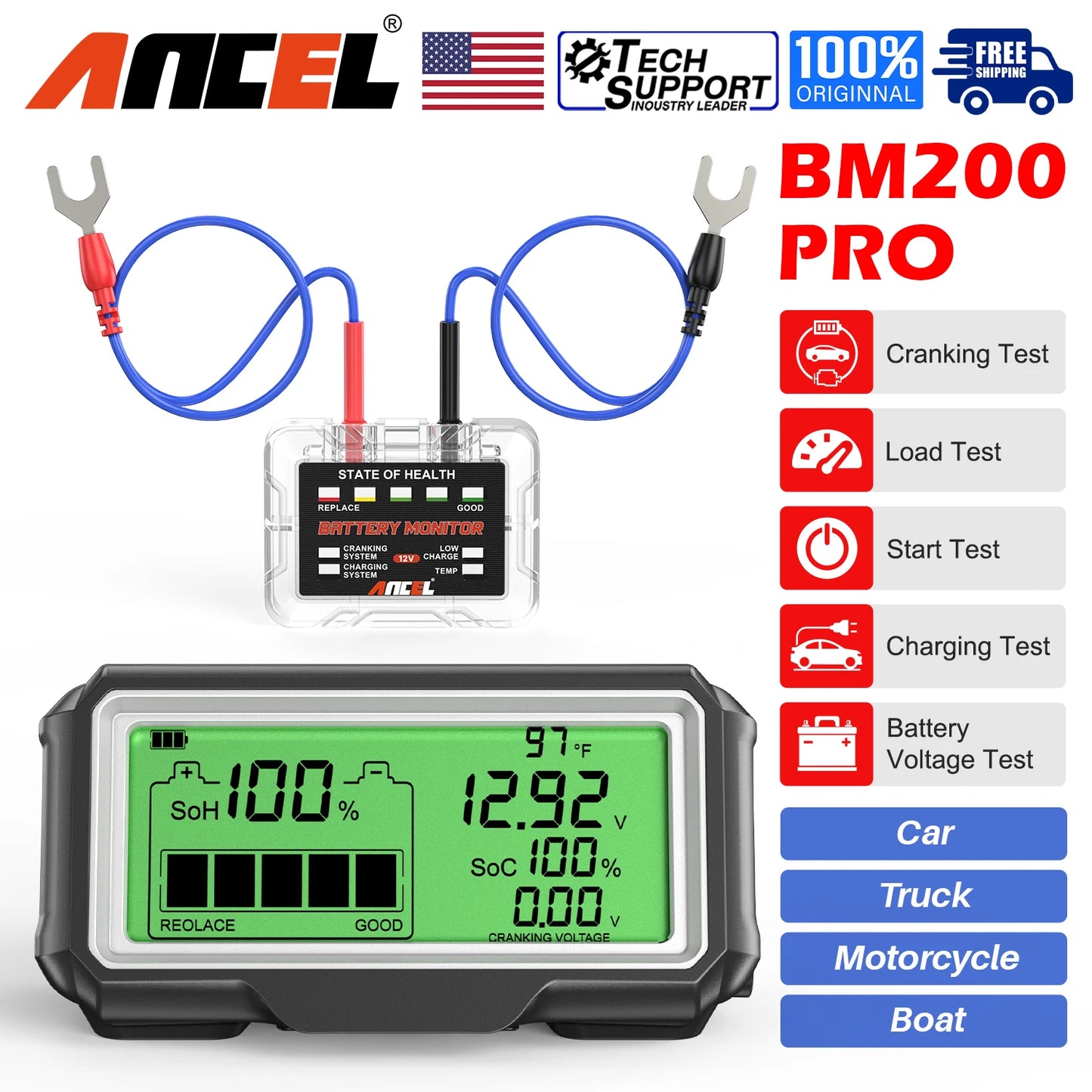 ANCEL BM200 PRO Battery Tester 12V LED Monitor Display Professional Battery Health SOH SOC Tester Analyzer Charging Tester Tool Tuck's Performance