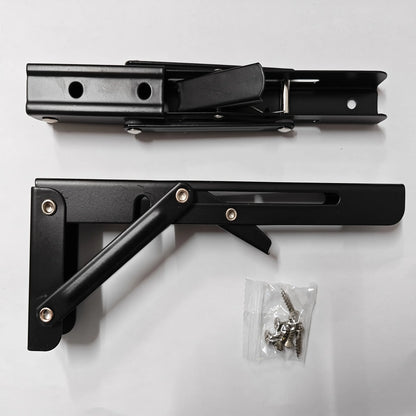 Folding shelf bracket shown open and folded with mounting screws