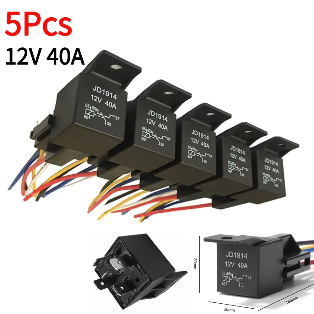 5Pcs Waterproof Automotive Relay 12V 24V 5Pin 40A Car Relay with Black Red Copper Terminal Auto Relay Socket SPDT Harness Cable Tuck's Performance