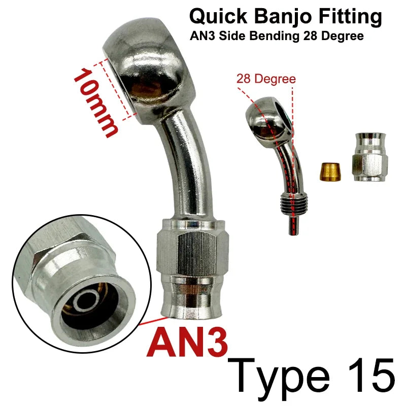 2X Stainless Steel 3AN Motorcycle Motor Bike Hydraulic Brake Oil Hose Line Banjo Fitting 10MM 0/28/45/90° Brake Hose End Adapter Tuck's Performance