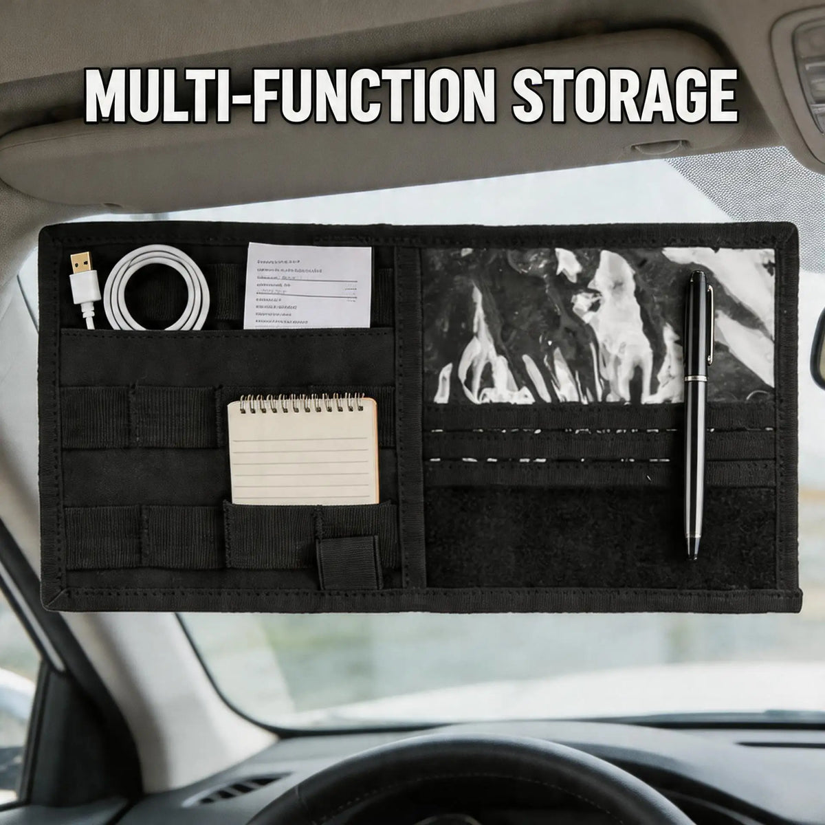 Black MOLLE sun visor organiser with card window and pen loops