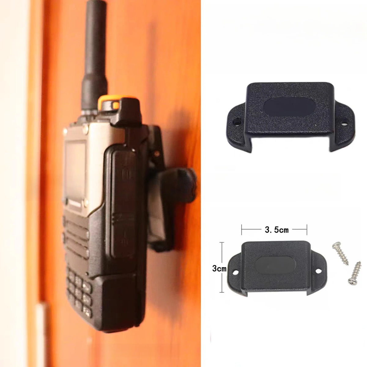 Radio holder bracket mounted on a wall with handheld UHF fitted