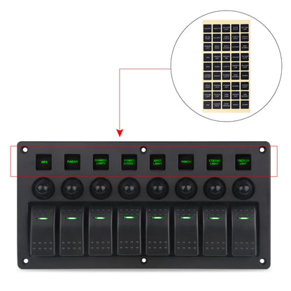 8 gang marine rocker switch panel with circuit breakers - green LED