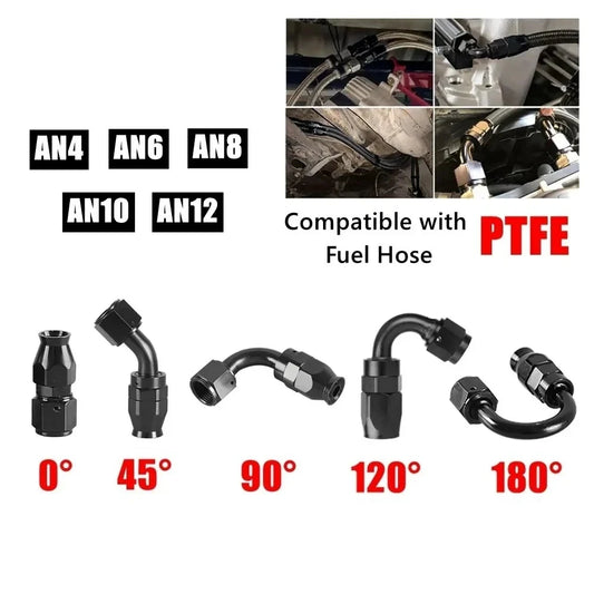 PTFE Hose End Fitting, Black | AN4 to AN12 | Straight to 180 Degree Tucks Performance