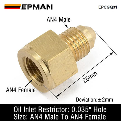 EPMAN Brass AN4 Inline Turbo Oil Feed Inlet Restrictor Fitting -4AN Male To -4AN Female 0.035" EPCGQ31 Tuck's Performance