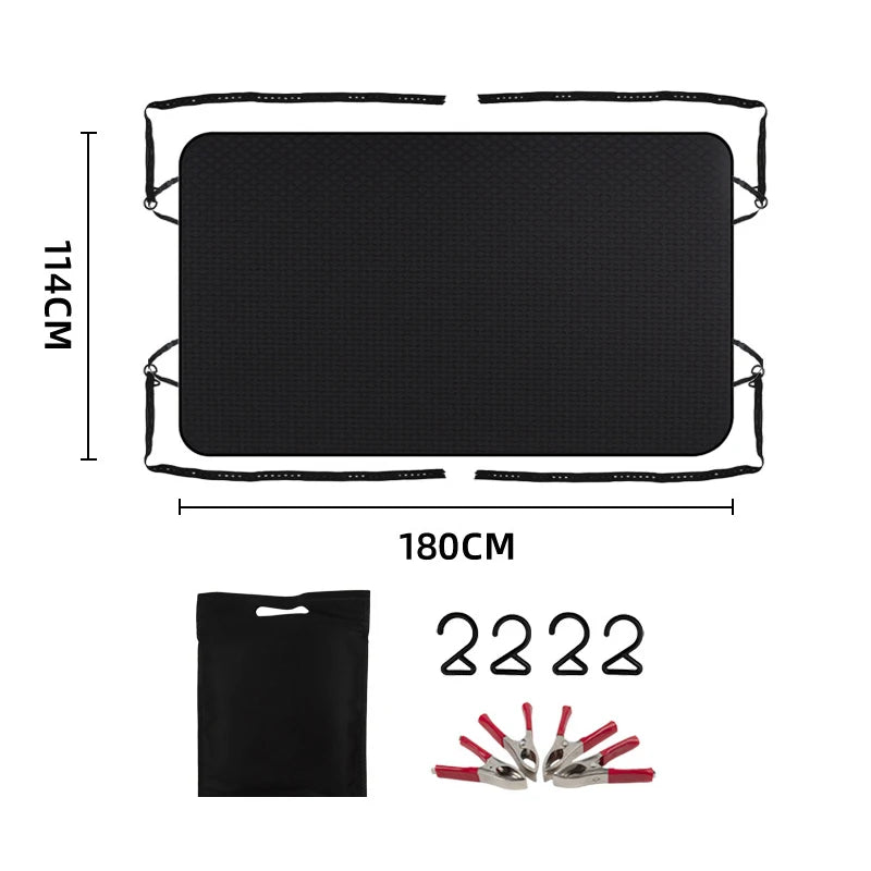 Barn door awning kit contents: cover, S-hooks, clamps and storage bag