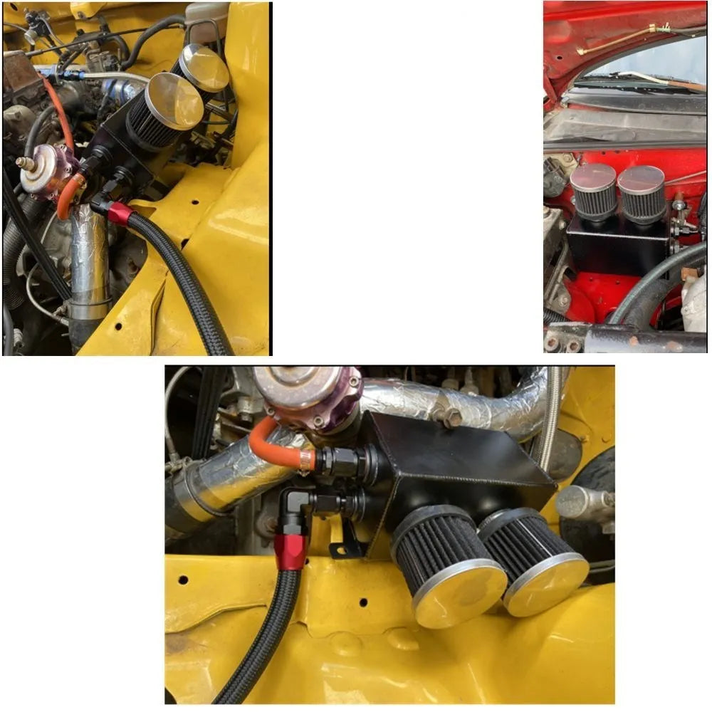 Universal AN10 1.2L Twin Baffle Dual Filter Engine Oil Catch Can Tank with Air Filters Oil Catch Reservoir Tank Can Breather Kit Tuck's Performance