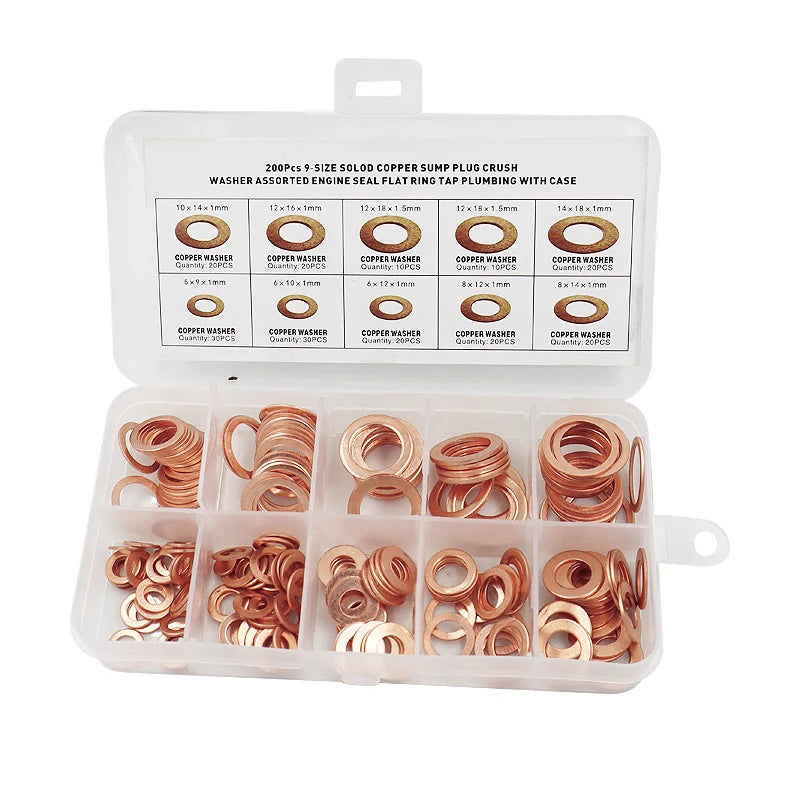 200pcs Copper Washer Gasket Nut & Bolt Set - Perfect For Sump Plugs - Includes Box & Assorted Sizes (M5/M6/M8/M10/M12/M14) Tuck's Performance