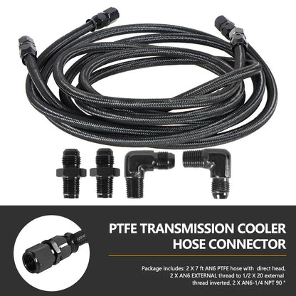 2 X 7Ft AN6 Flexible PTFE Transmission Cooler Hose Lines Fitting Nylon Billet Aluminum Braided Lines For 4L60/700R4/TH350/TH400 Tuck's Performance
