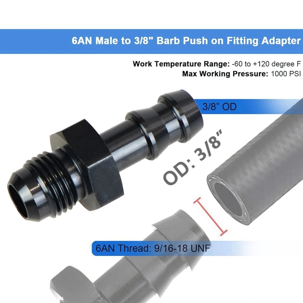 6AN Flare to 3/8" or to 5/16" Hose Barb Adapter Fittings, Aluminum Fuel Line Male 8AN to 1/2" Push On Barb Connector Black Tuck's Performance