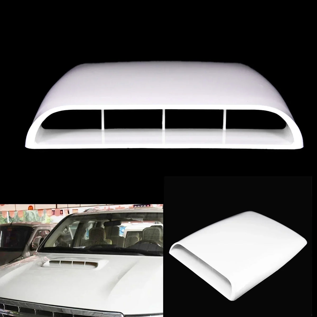 White universal ABS bonnet scoop, shown fitted to a ute bonnet