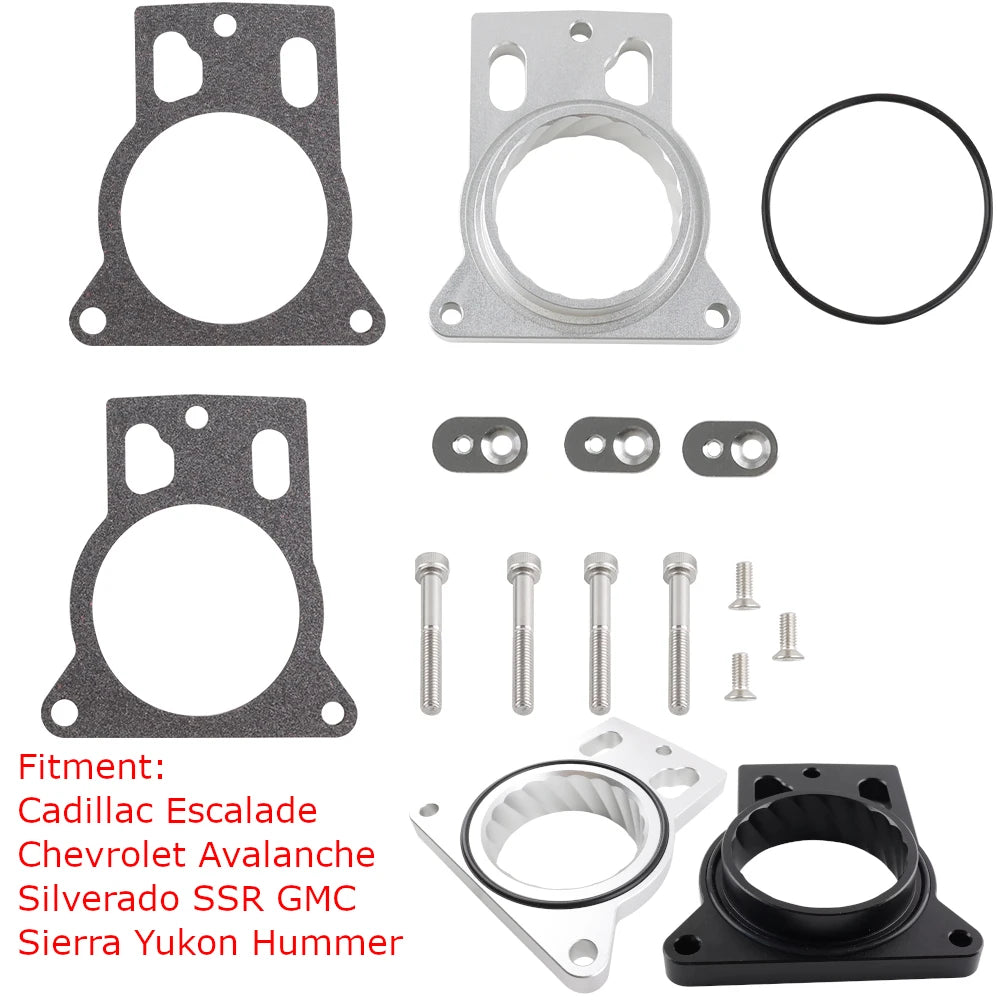 Black Silver Throttle Body Spacer For Cadillac Escalade Chevrolet Avalanche Silverado SSR GMC Sierra Hummer Air Intake System Tuck's Performance