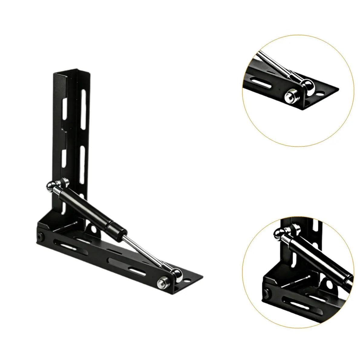 Close up of folding awning bracket hinge and gas strut ends