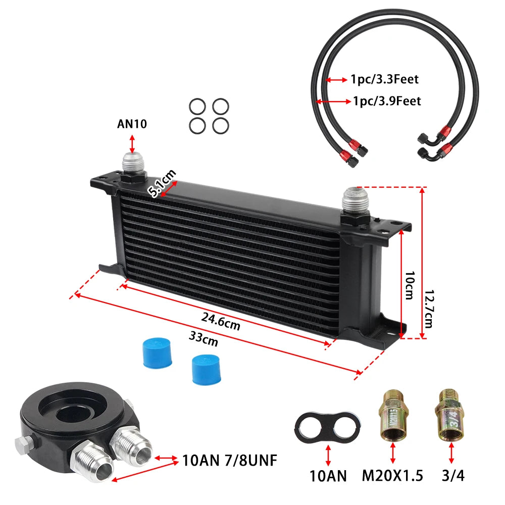 Universal 13 Rows Oil Cooler Kit, 10AN Transmission Engine Cooler W/Oil Filter Sandwich Adapter Nylon Braided Hose Line Kit Tuck's Performance
