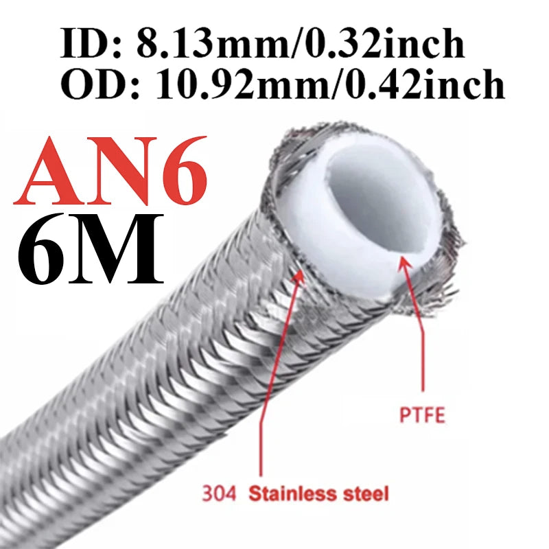 1M/3M/4M/6M AN3 AN4 AN6 AN8 AN10 Racing Hose 304 Stainless Steel Braided PTFE Brake Hose E85 Fuel Oil Line Oil Cooler Hose Pipe Tuck's Performance