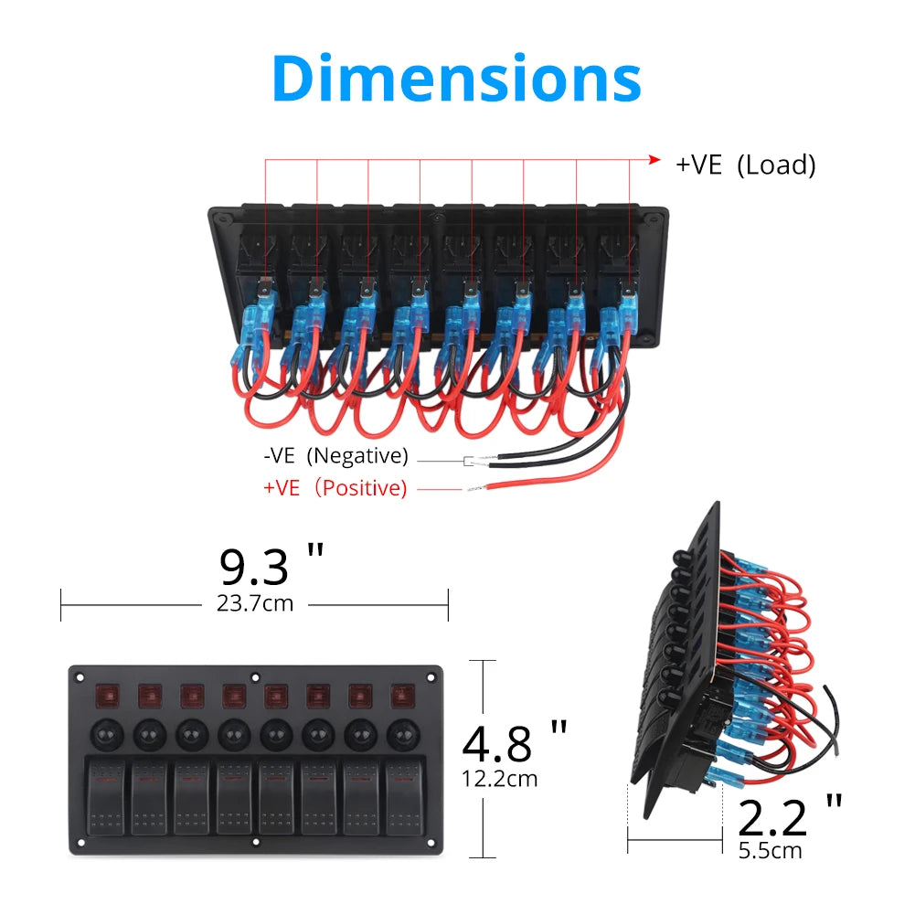 8 gang marine rocker switch panel with circuit breakers - dimensions 237 x 122 x 55 mm