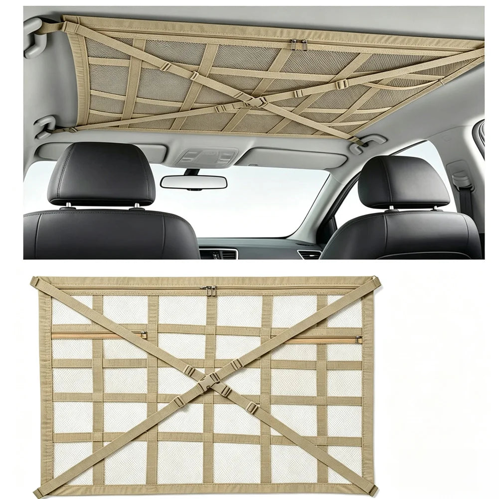 Roof ceiling cargo net fitted inside a car cabin