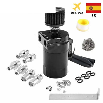 Car Baffled Oil Catch Can Reservoir Tank with Air Filter Breather Baffled Aluminum Fittings Oil Dipstick Hole Breathable Kettle Tuck's Performance