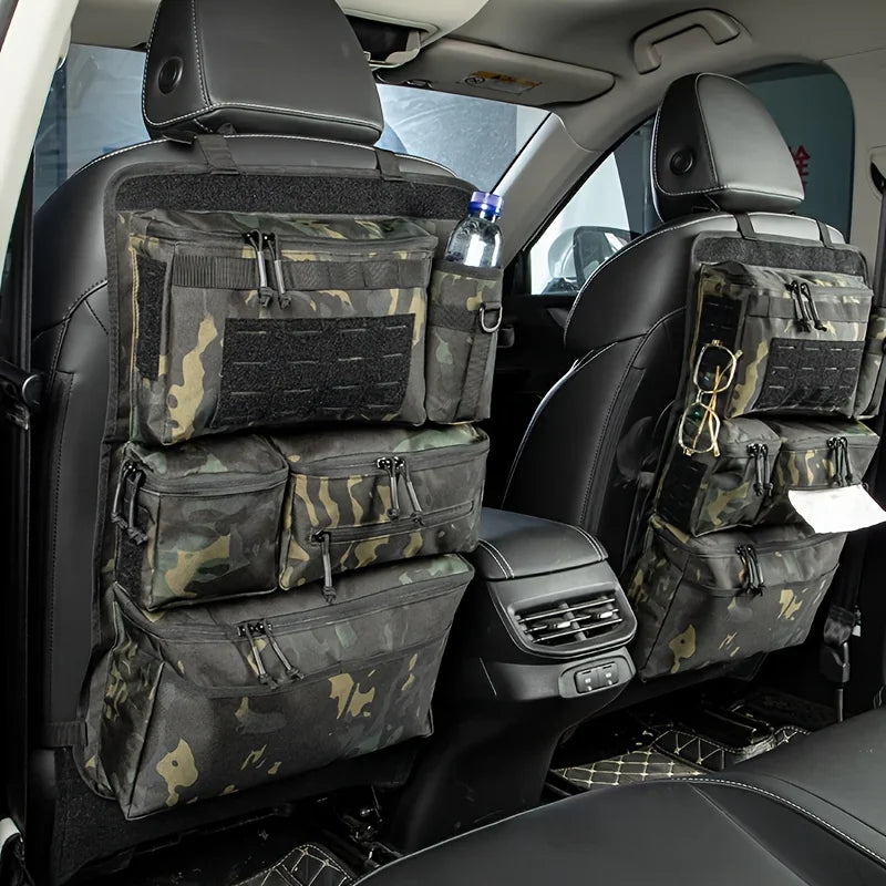 Black camo MOLLE seat back organiser fitted in a 4WD