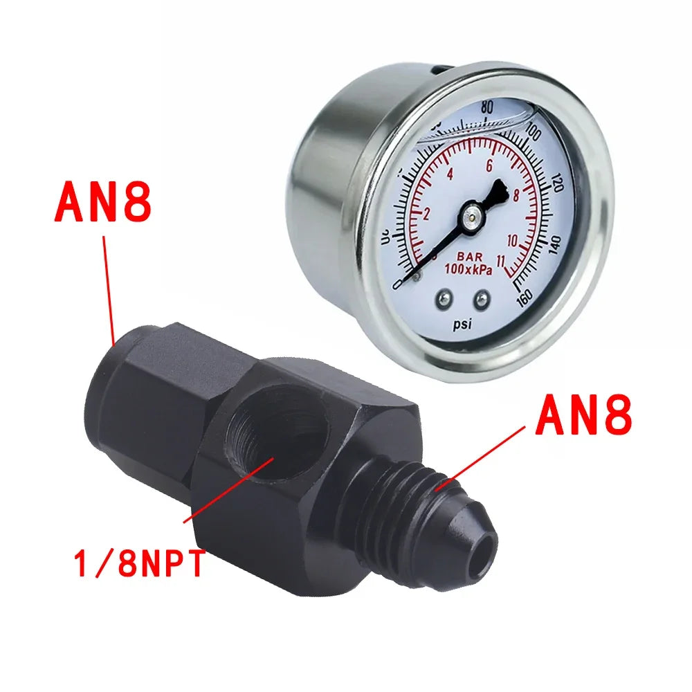 Universal Fuel Pressure Gauge Liquid 0-100psi Oil Press Gauge 1/8" NPT with Fuel Pressure Take Off Fitting AN6 AN8 AN10 Adapter Tuck's Performance