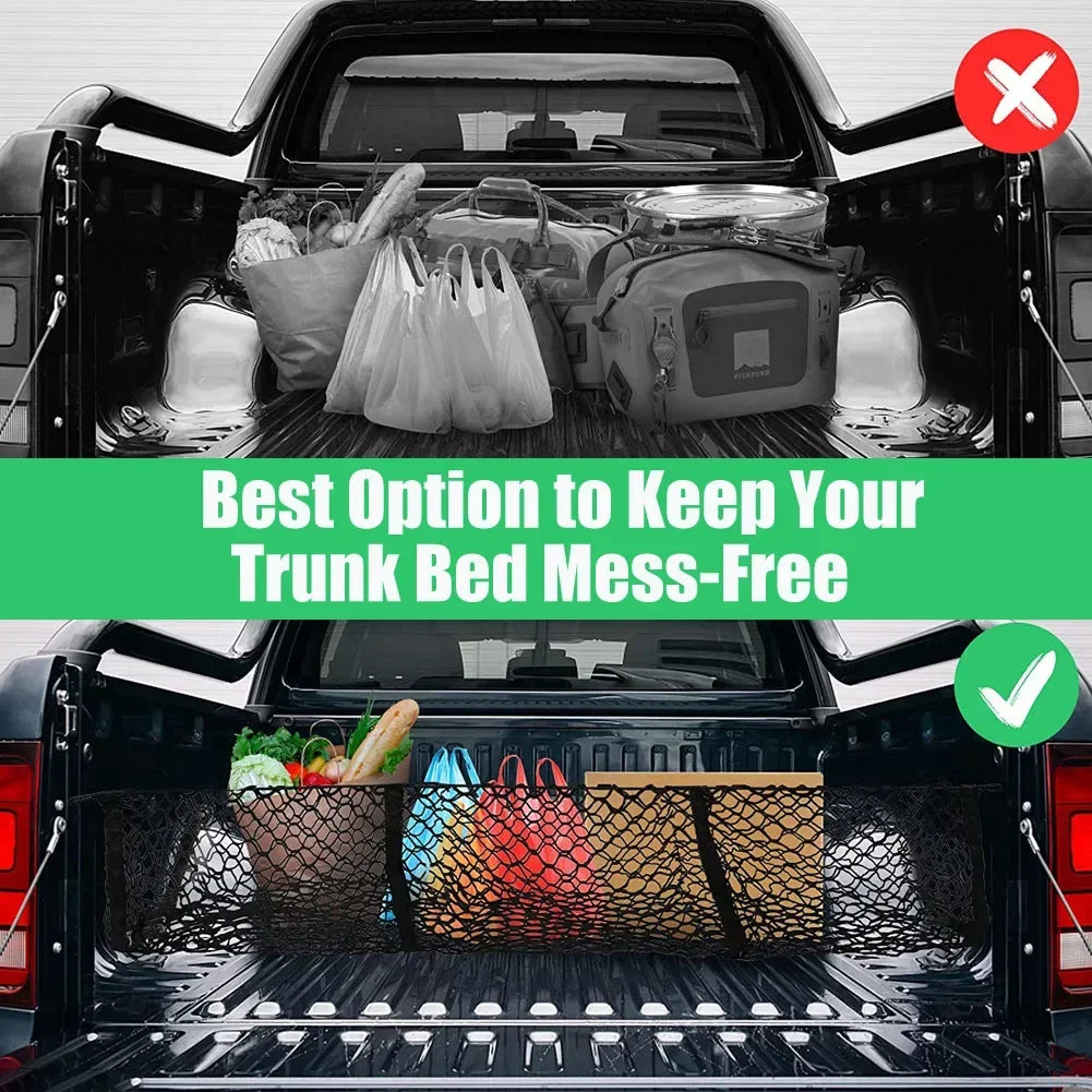 Ute tub before and after fitting a 3 pocket cargo net
