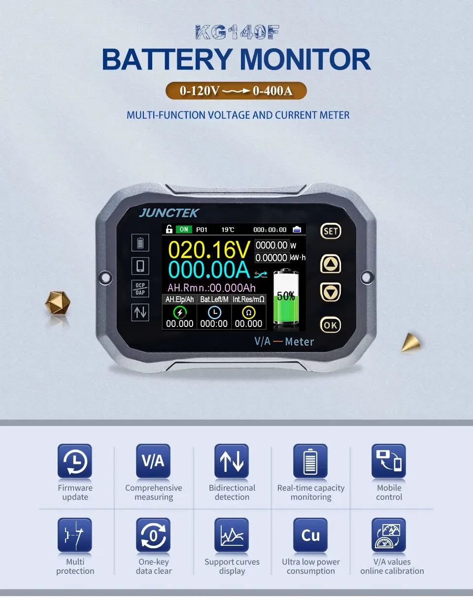 Battery Monitor Bluetooth KG140F DC 0-120V 100A 400A Battery Tester Voltage Current VA Battery Coulomb Meter Capacity Indicator Tuck's Performance