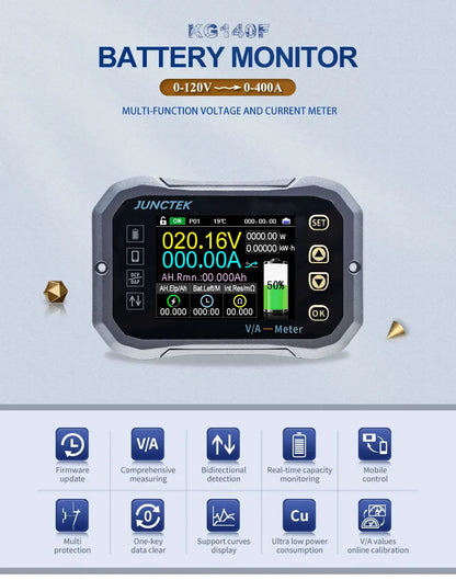 Battery Monitor Bluetooth KG140F DC 0-120V 100A 400A Battery Tester Voltage Current VA Battery Coulomb Meter Capacity Indicator Tuck's Performance