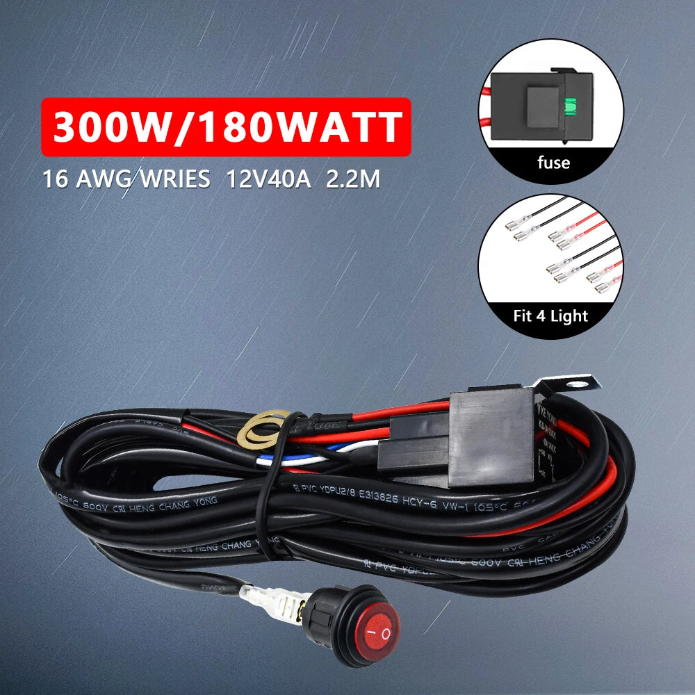 LED Light Bar Wiring Harness - 300W, Relay & Switch, 12V Tucks Performance