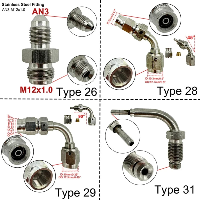 2X Stainless Steel 3AN Motorcycle Motor Bike Hydraulic Brake Oil Hose Line Banjo Fitting 10MM 0/28/45/90° Brake Hose End Adapter Tuck's Performance