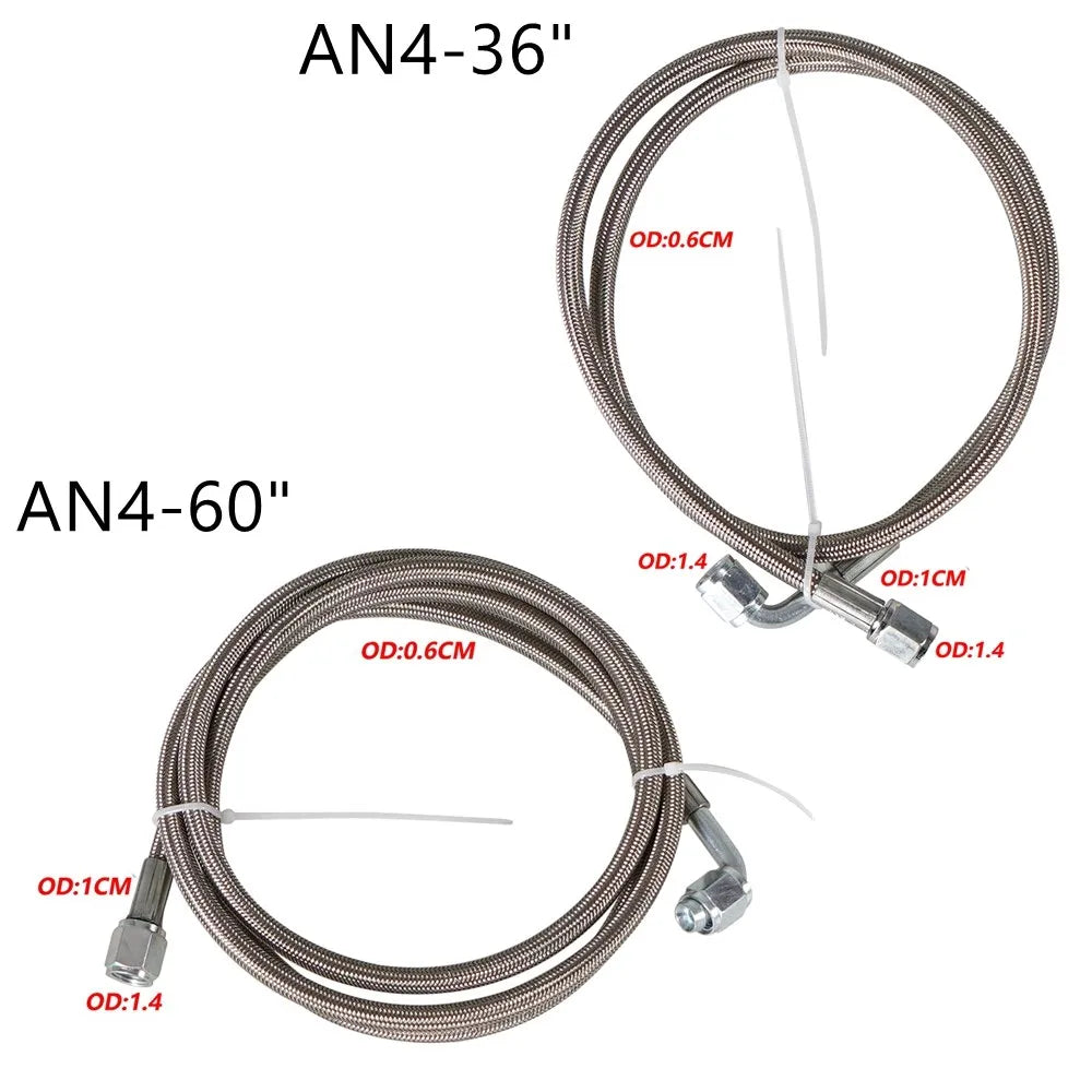 Universal 12' 24' 36' 48'60' AN4 90 Degree X Straight PTFE Turbine Oil Feed Pipe Turbo Oil Feed Line Kit Stainless Steel Braided Tuck's Performance