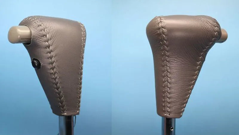 Black leather gear knob cover, stitched detail