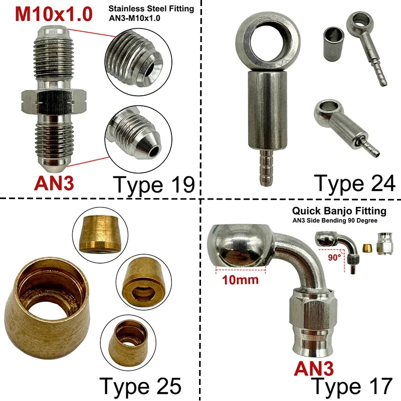 2X Stainless Steel 3AN Motorcycle Motor Bike Hydraulic Brake Oil Hose Line Banjo Fitting 10MM 0/28/45/90° Brake Hose End Adapter Tuck's Performance