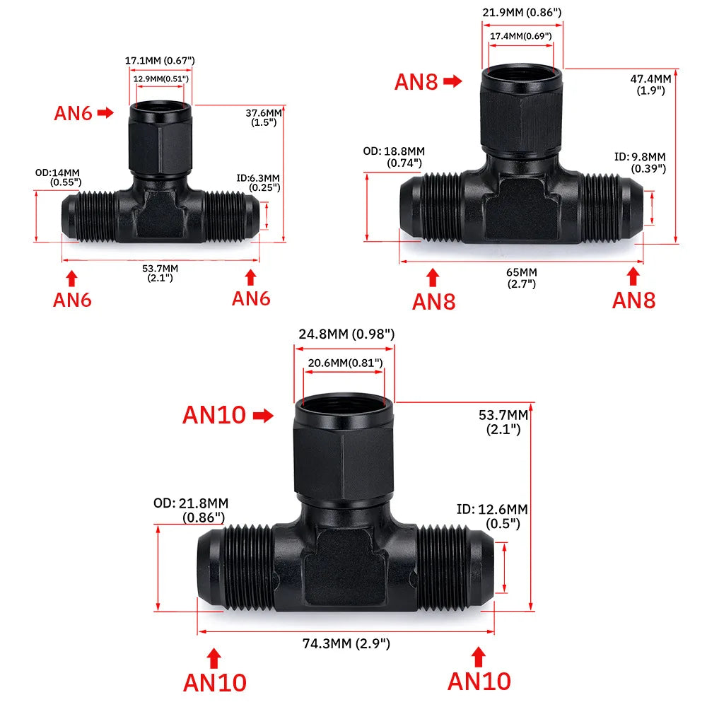 6AN AN8 AN10 Tee Block Aluminum AN6 T Fuel Hose Union Fitting Adapter Black 6 AN to 2x 6AN Tuck's Performance