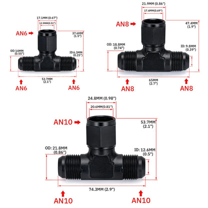 6AN AN8 AN10 Tee Block Aluminum AN6 T Fuel Hose Union Fitting Adapter Black 6 AN to 2x 6AN Tuck's Performance