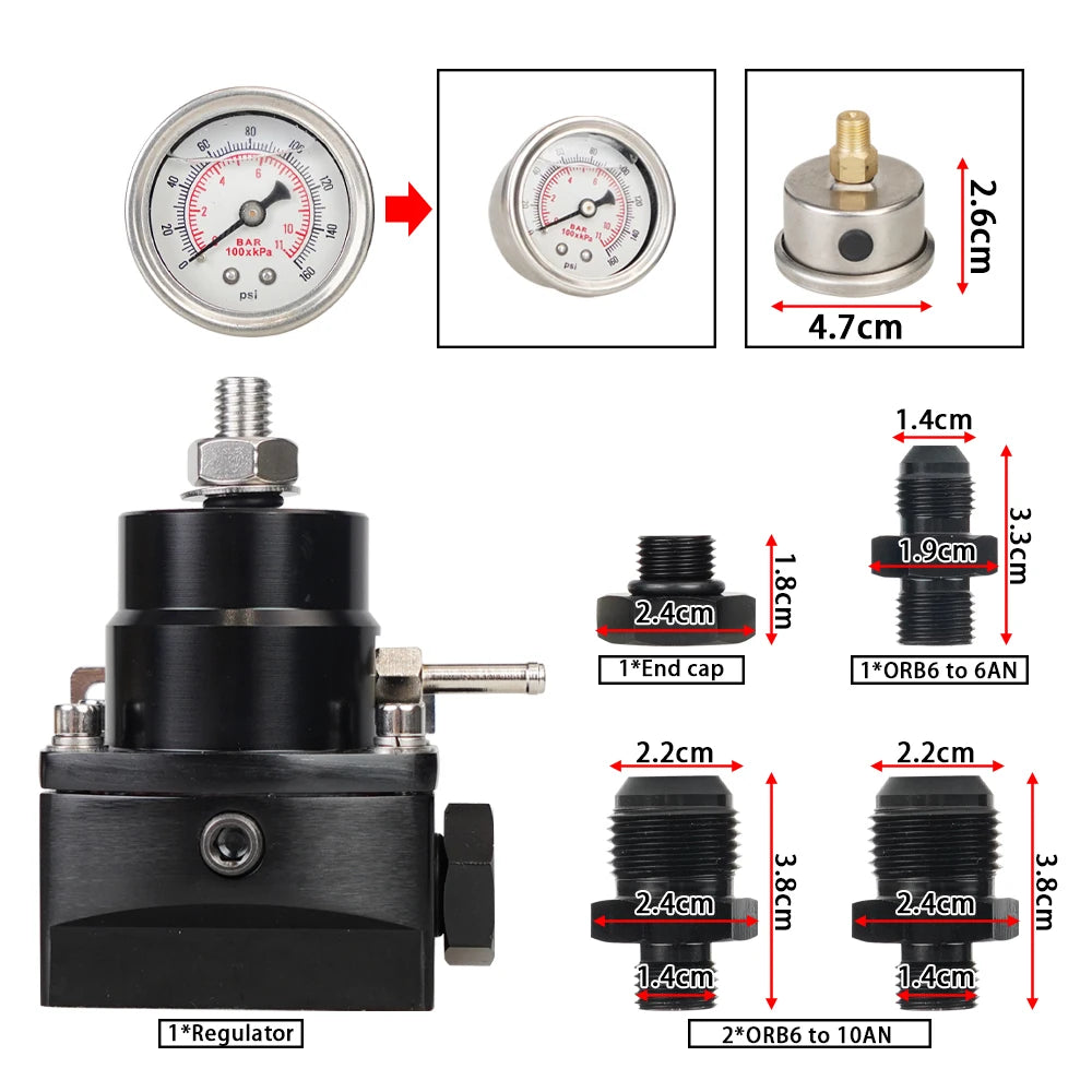 Adjustable Fuel Pressure Regulator with White Oil Gauge With AN8/10 Feed Fitting & AN6 Return Line Fitting & AN8/10 End Cap Tuck's Performance