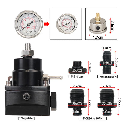 Adjustable Fuel Pressure Regulator with White Oil Gauge With AN8/10 Feed Fitting & AN6 Return Line Fitting & AN8/10 End Cap Tuck's Performance