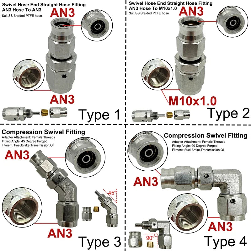2X Stainless Steel 3AN Motorcycle Motor Bike Hydraulic Brake Oil Hose Line Banjo Fitting 10MM 0/28/45/90° Brake Hose End Adapter Tuck's Performance