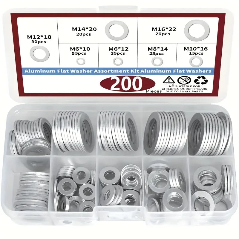 Aluminium Crush Washer Kit 200 Piece, 7 Sizes M6 to M16 for Sump Plugs and Fittings Tucks Performance