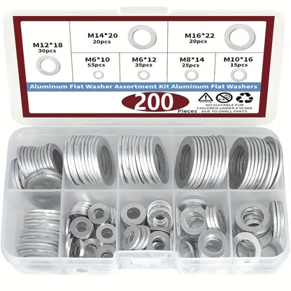 Aluminium Crush Washer Kit 200 Piece, 7 Sizes M6 to M16 for Sump Plugs and Fittings Tucks Performance